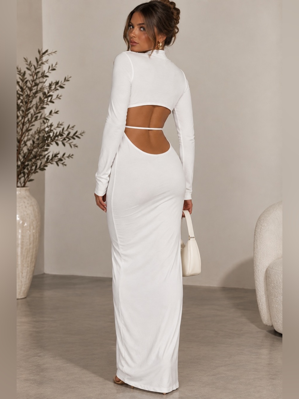 Naked Wardrobe Smooth Cutout Long Sleeve Maxi Dress White